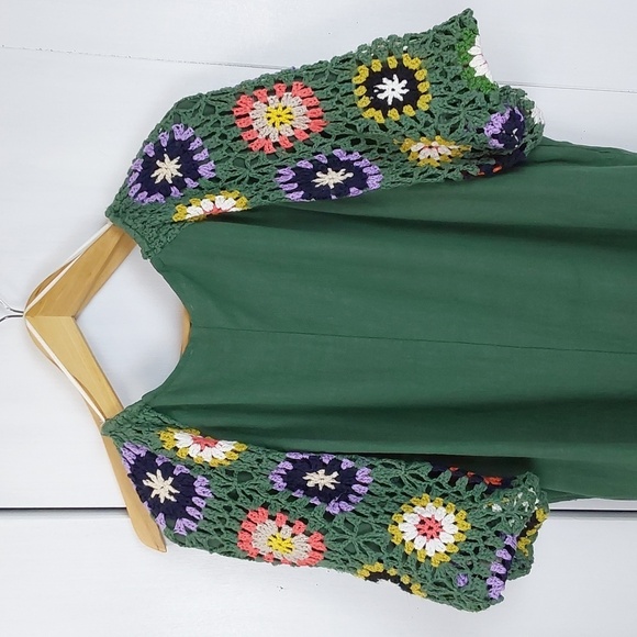 Umgee Green Top with Multicolor Crochet Sleeves Boho Linen Trendy Sz.XL - Picture 5 of 8